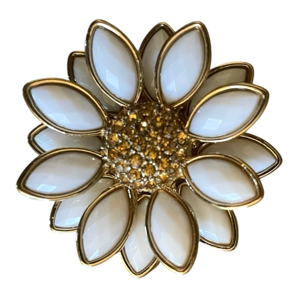 Napier, Gold and White Flower Brooch, Yellow Rhinestone Bezel Center.